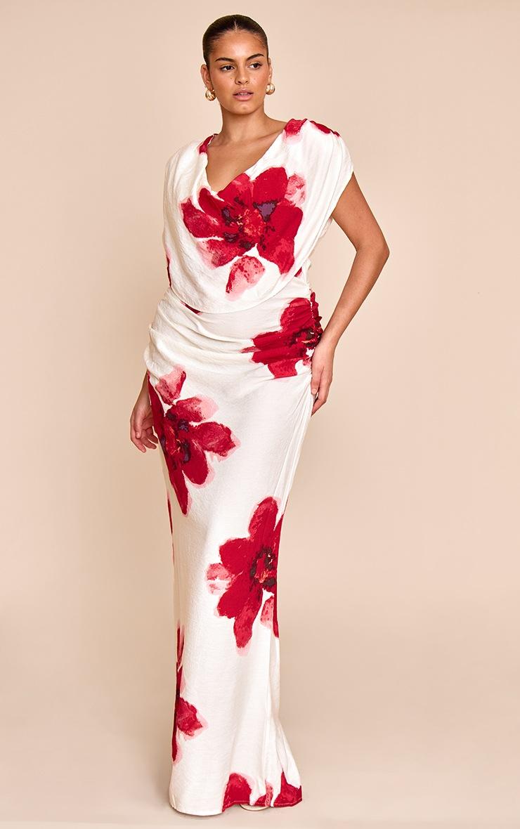 Pretty Little Thing Plus Red Printed Extreme Cowl Ruched Detail Maxi Dress