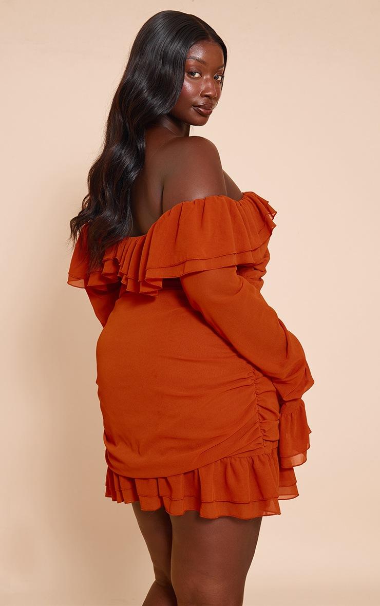 Pretty Little Thing Plus Rust Bardot Ruffle Detail Shift Dress