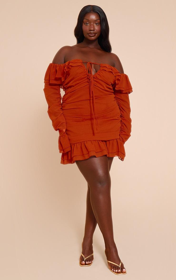 Pretty Little Thing Plus Rust Bardot Ruffle Detail Shift Dress