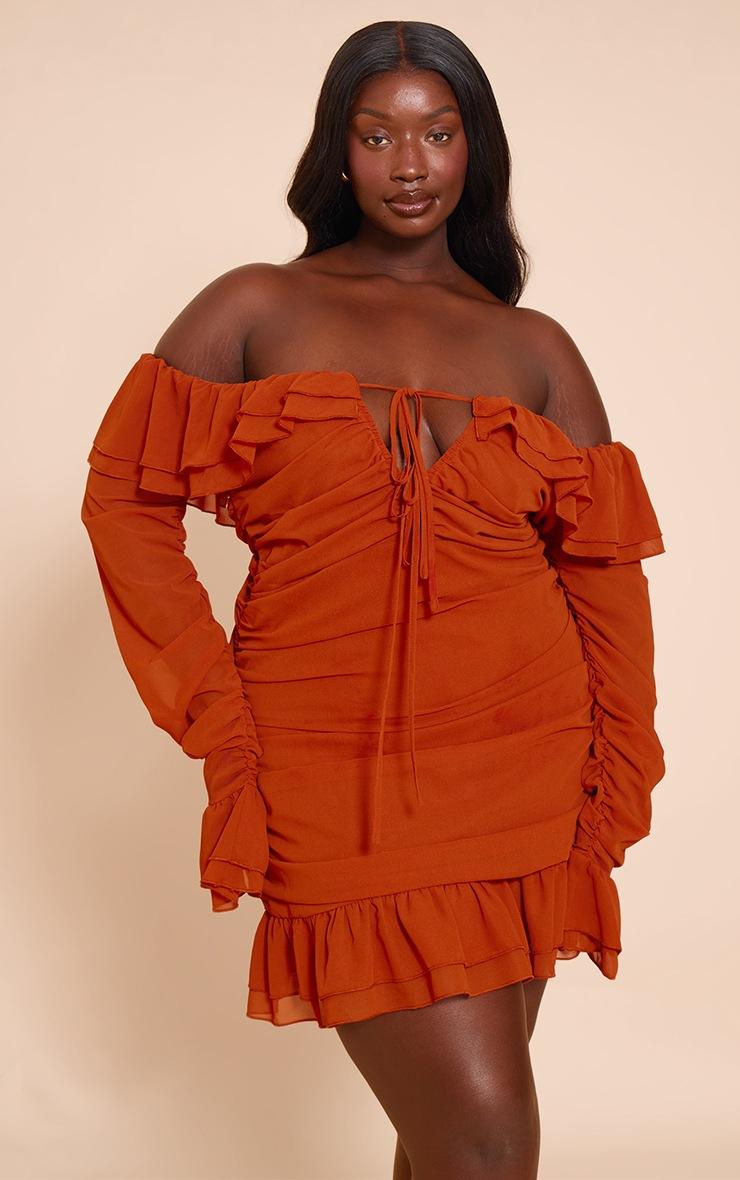 Pretty Little Thing Plus Rust Bardot Ruffle Detail Shift Dress