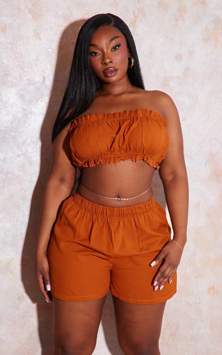 Pretty Little Thing Plus Rust Textured Ruffle Hem Bandeau Crop Top