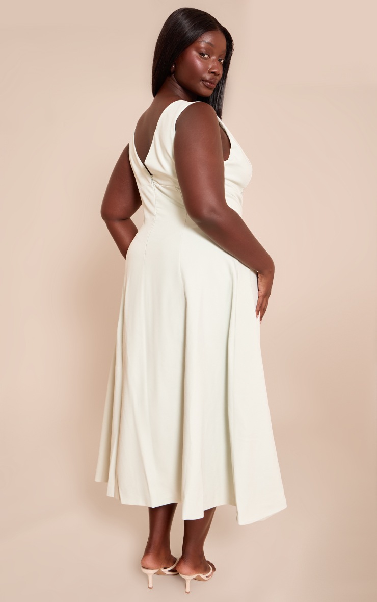 Pretty Little Thing Plus Sage Green Tailored Woven Plunge Button Down Midi Dress