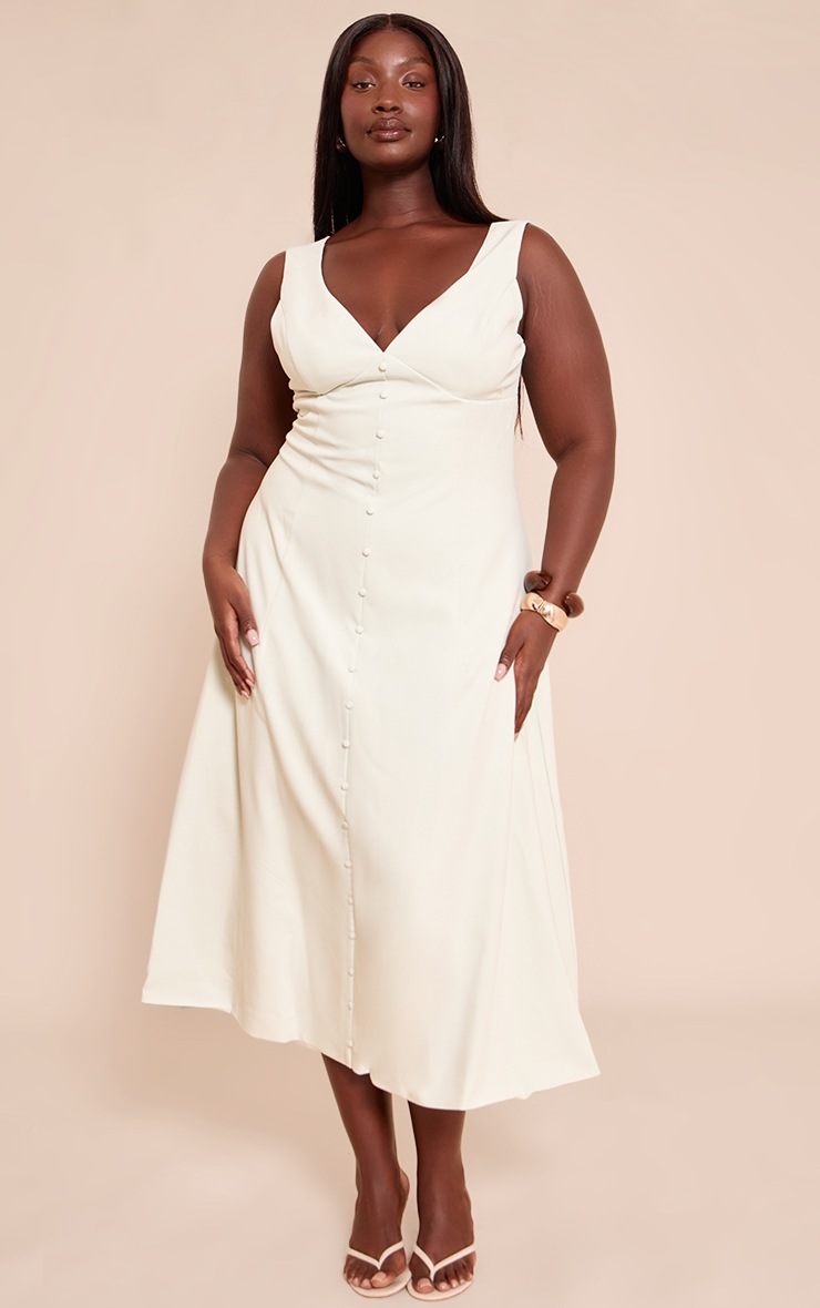 Pretty Little Thing Plus Sage Green Tailored Woven Plunge Button Down Midi Dress