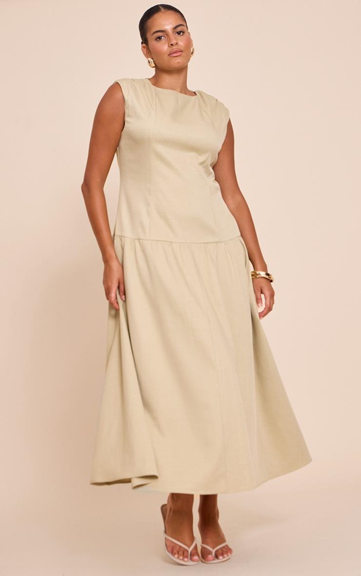 Pretty Little Thing Plus Sage Woven Boat Neck Dropped Waist Maxi Dress