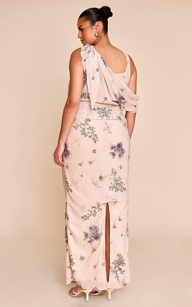 Pretty Little Thing Plus Sand Abstract Printed Chiffon Draped Maxi Dress