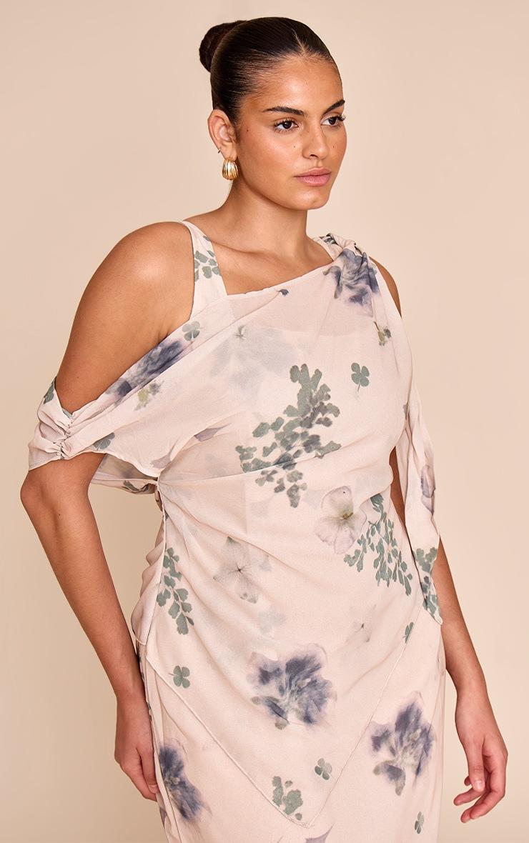 Pretty Little Thing Plus Sand Abstract Printed Chiffon Draped Maxi Dress