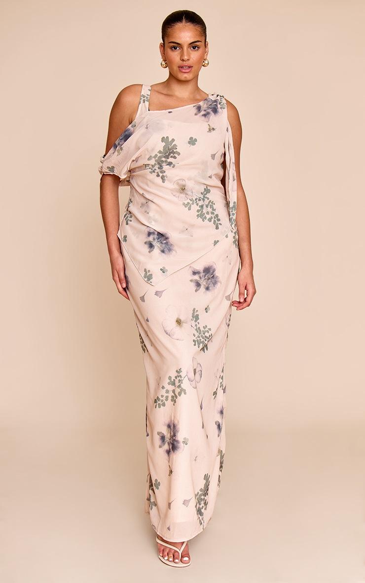 Pretty Little Thing Plus Sand Abstract Printed Chiffon Draped Maxi Dress
