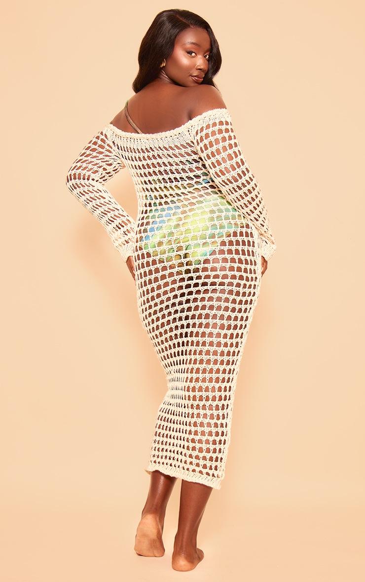 Pretty Little Thing Plus Sand Crochet Lurex Glitter Bardot Long Sleeve Midi Dress