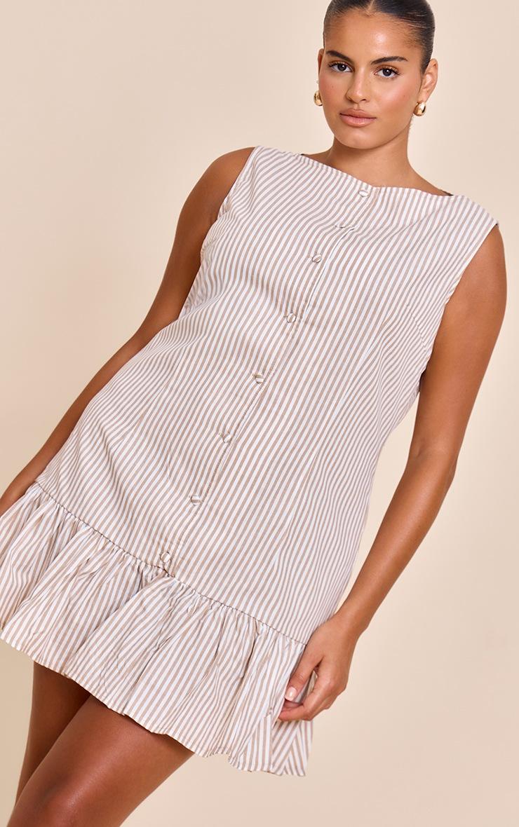 Pretty Little Thing Plus Stone Striped Satin Button Detail Flippy Hem Bodycon Dress