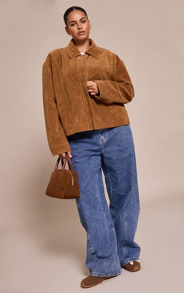 Pretty Little Thing Plus Tan Faux Suede Concealed Placket Bomber Jacket