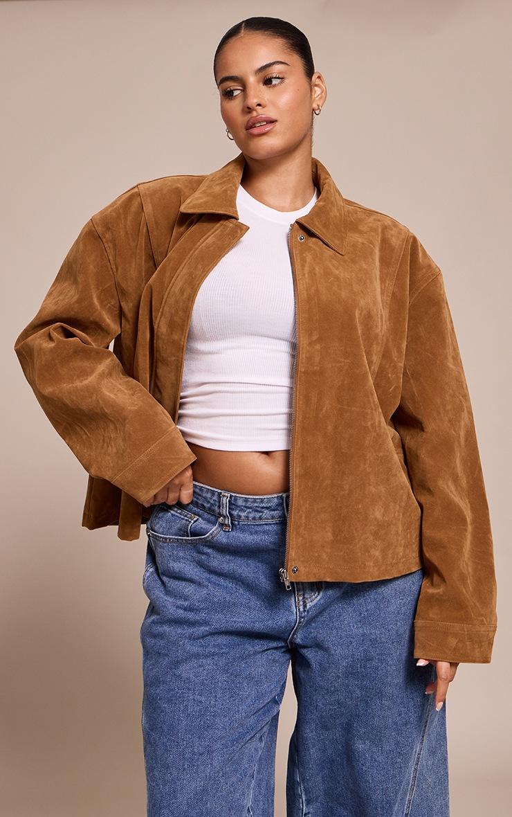 Pretty Little Thing Plus Tan Faux Suede Concealed Placket Bomber Jacket