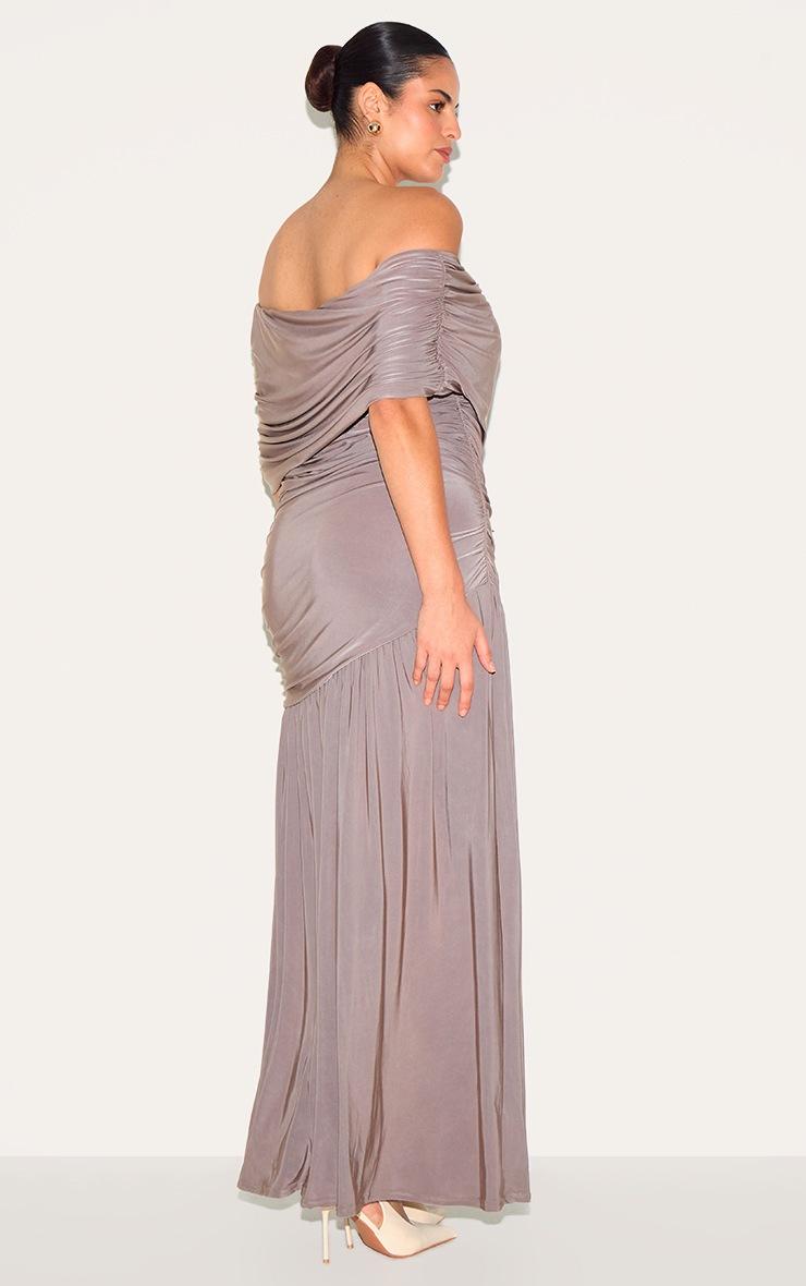 Pretty Little Thing Plus Taupe Double Layer Slinky Bardot One Shoulder Ruched Maxi Dress