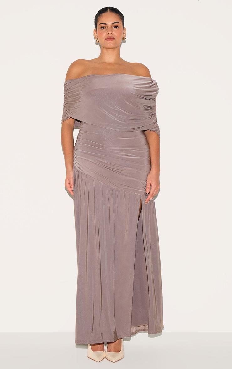 Pretty Little Thing Plus Taupe Double Layer Slinky Bardot One Shoulder Ruched Maxi Dress
