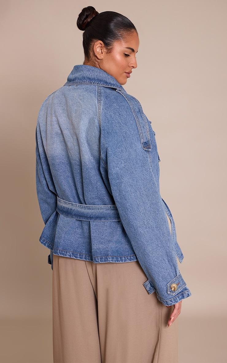 Pretty Little Thing Plus Vintage Mid Wash Belted Button Detail Cropped Denim Trench