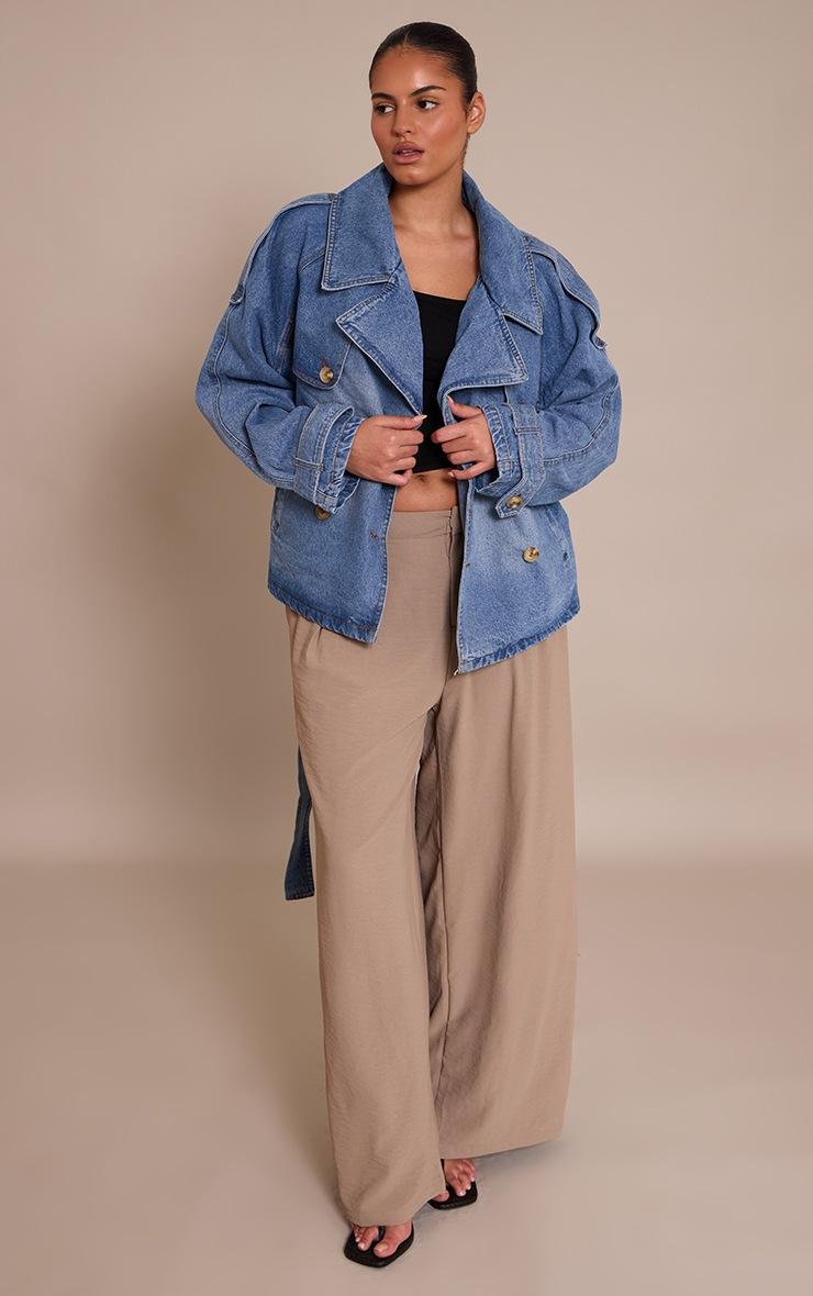 Pretty Little Thing Plus Vintage Mid Wash Belted Button Detail Cropped Denim Trench