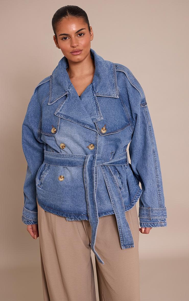 Pretty Little Thing Plus Vintage Mid Wash Belted Button Detail Cropped Denim Trench