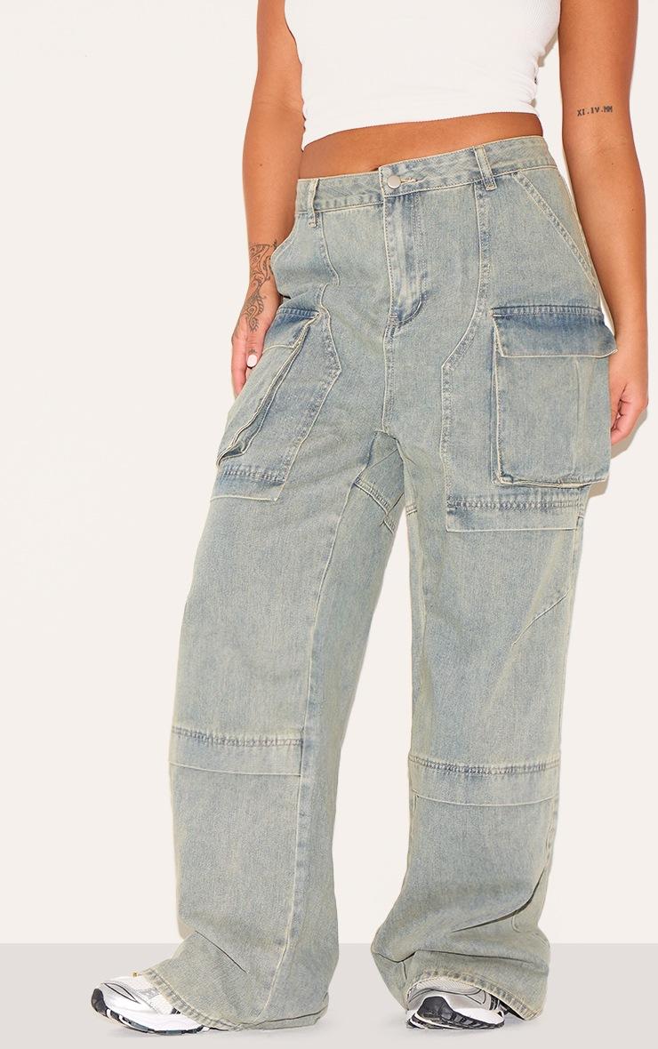 Pretty Little Thing Plus Vintage Wash Cargo Wide Leg Denim Jeans