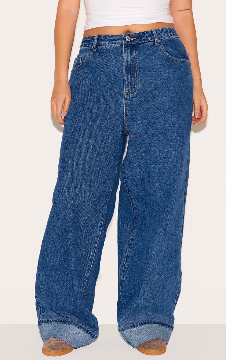 Pretty Little Thing Plus Washed Blue Turn Up Wide Leg Jeans
