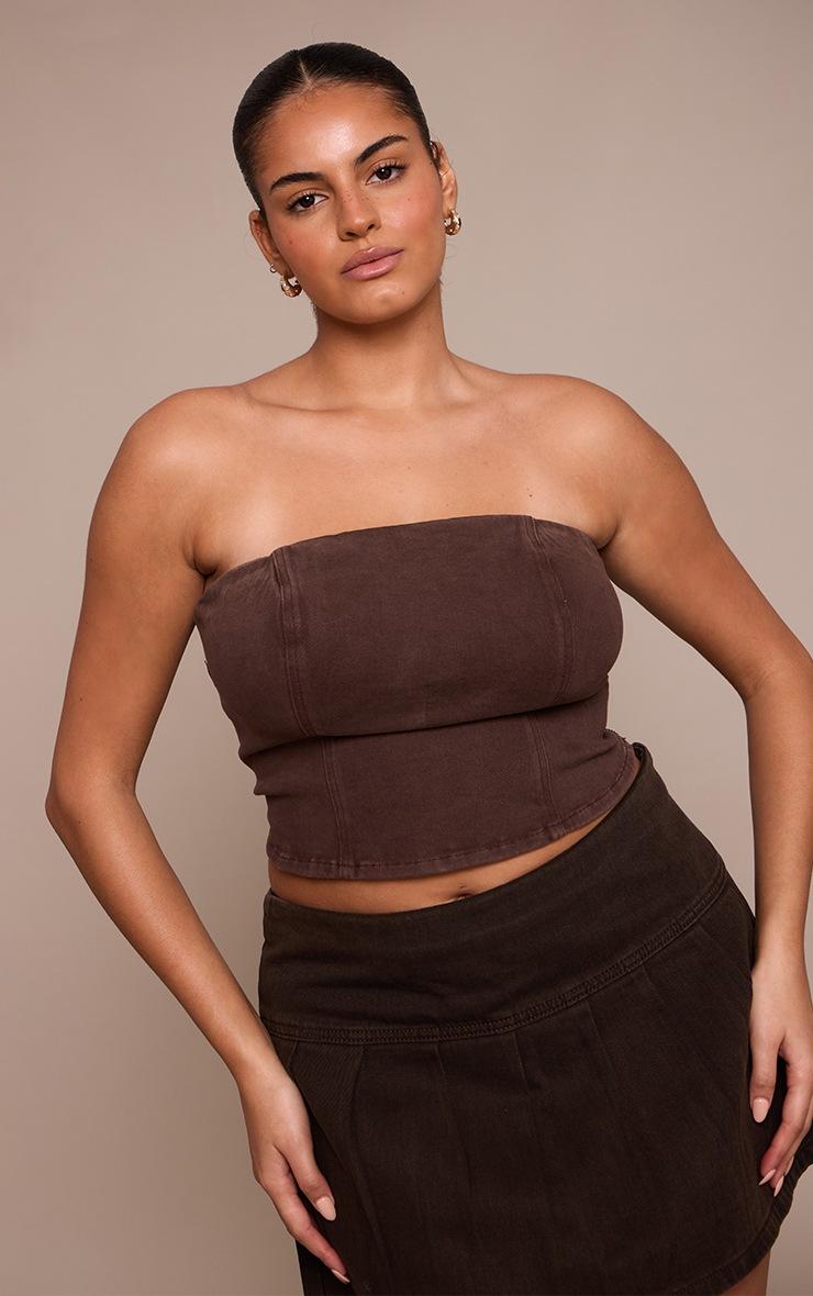Pretty Little Thing Plus Washed Brown Adjustable Elasticated Bandeau Corset Top