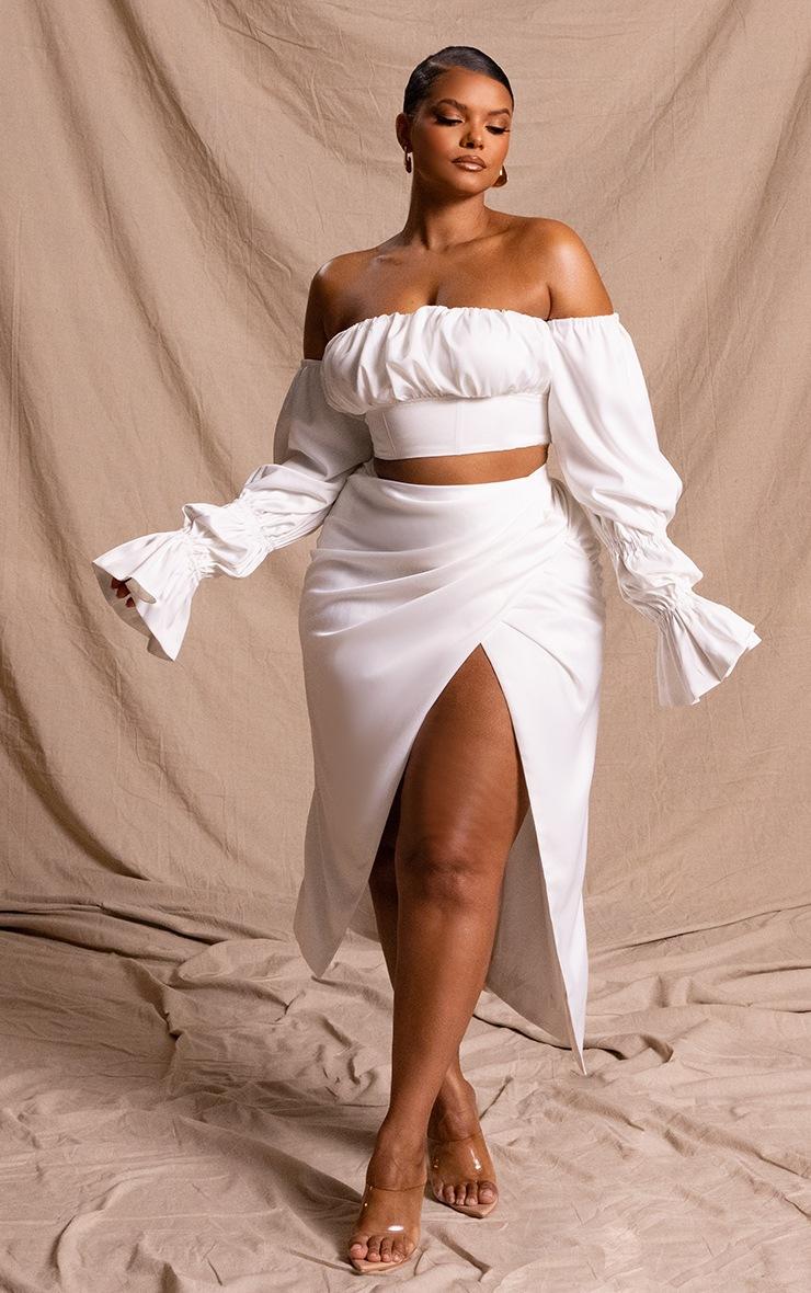 Pretty Little Thing Plus White Constructed Satin Draped Midi Skirt