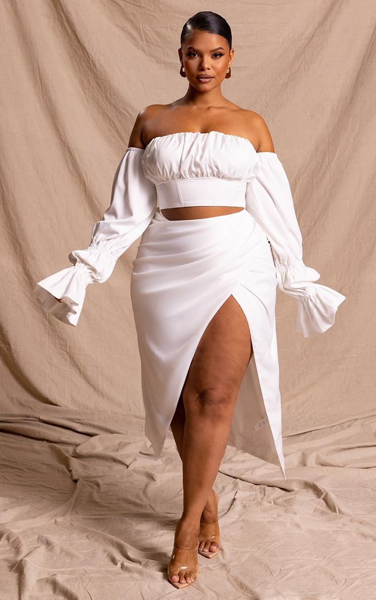 Pretty Little Thing Plus White Constructed Satin Draped Midi Skirt