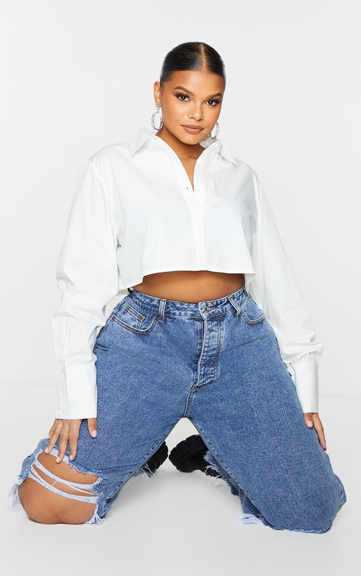 Pretty Little Thing Plus White Cotton Oversized Crop Shirt