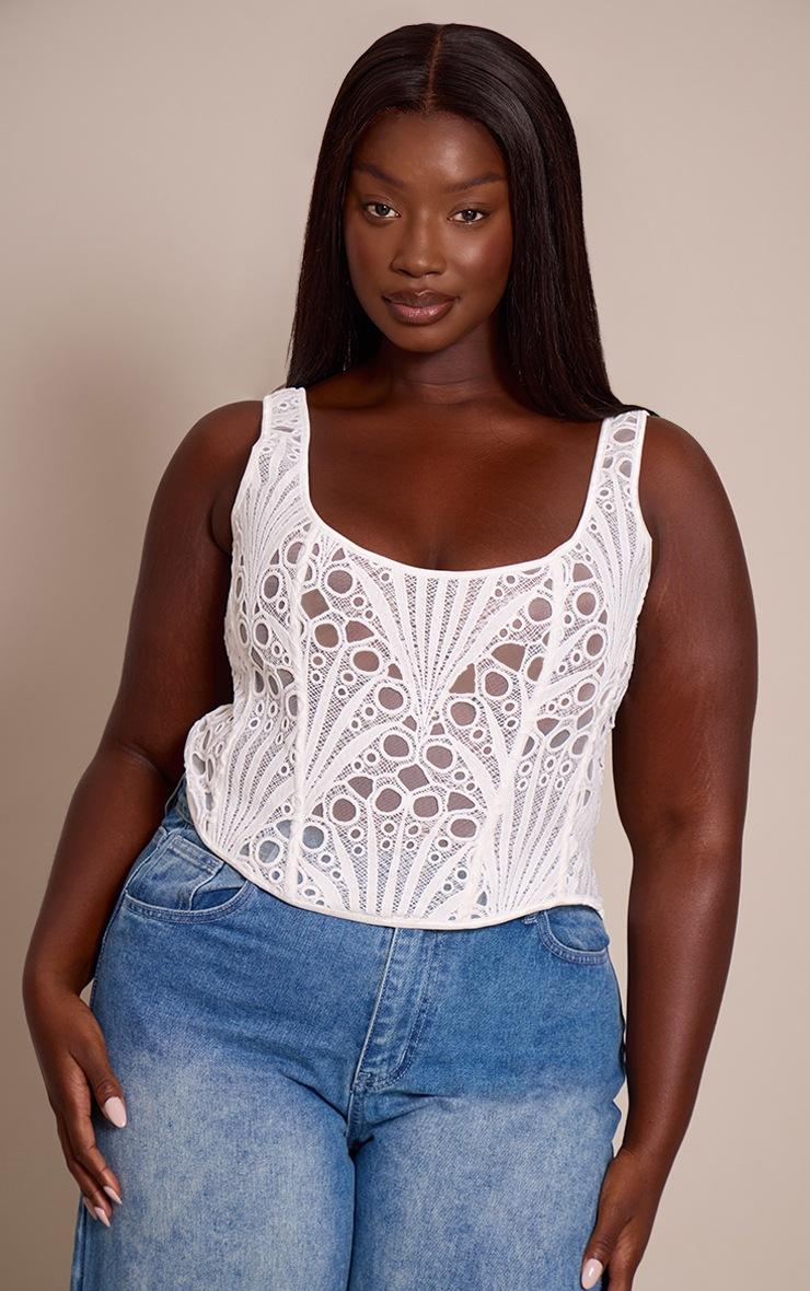 Pretty Little Thing Plus White Textured Sheer Floral Square Neck Corset