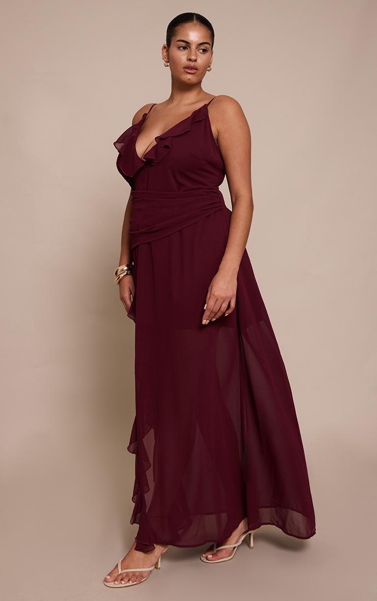 Pretty Little Thing Plus Wine Chiffon Frill Plunge Strappy Maxi Dress