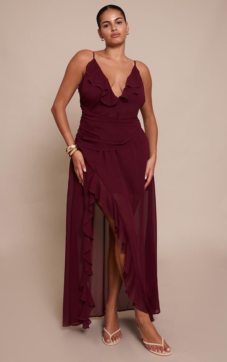 Pretty Little Thing Plus Wine Chiffon Frill Plunge Strappy Maxi Dress