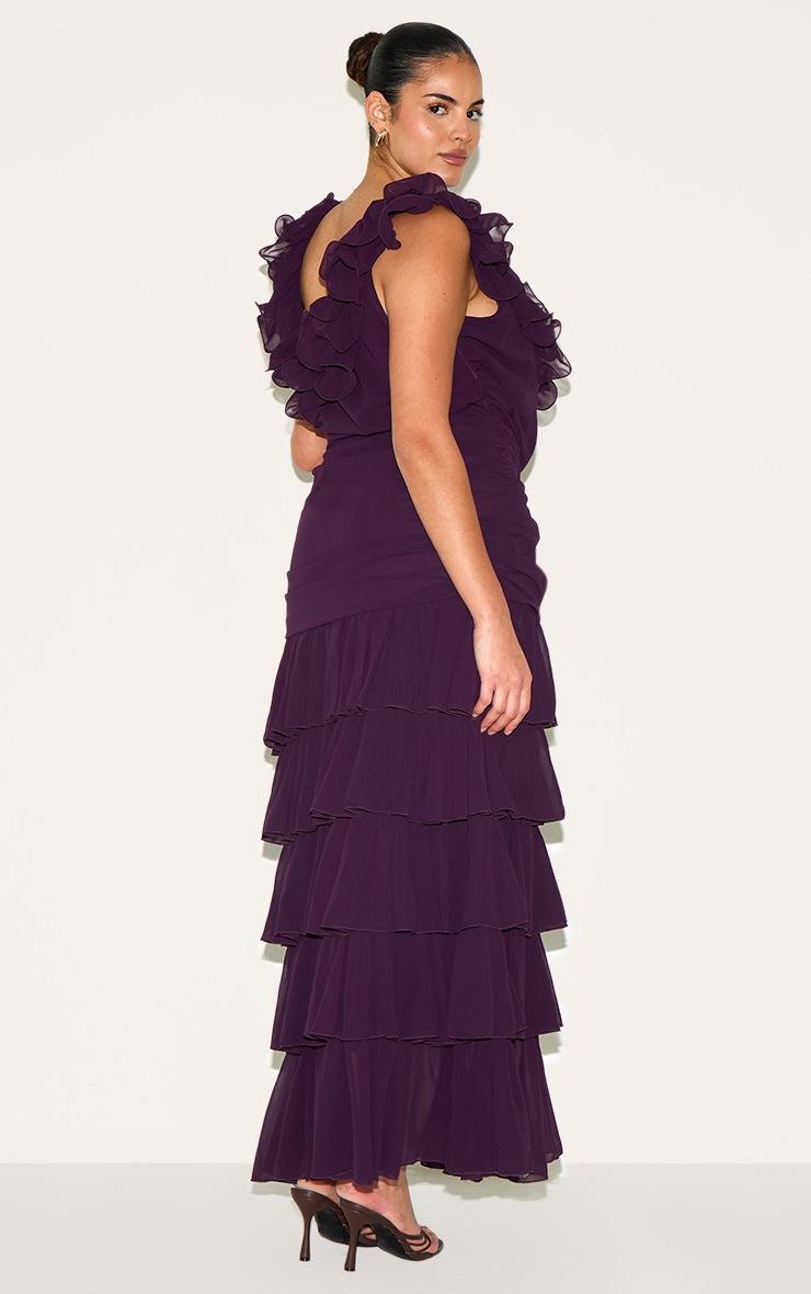 Pretty Little Thing Plus Wine Chiffon Ruched Ruffle Maxi Dress