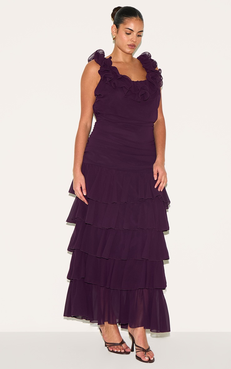 Pretty Little Thing Plus Wine Chiffon Ruched Ruffle Maxi Dress