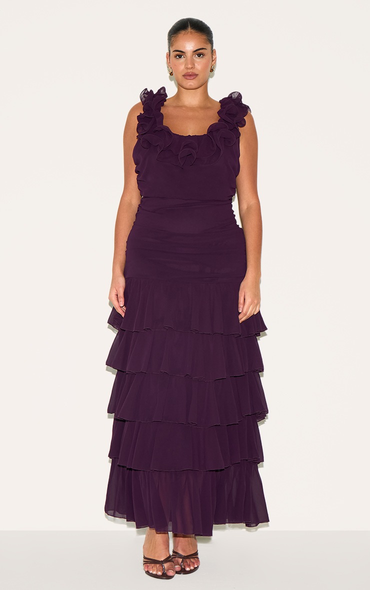 Pretty Little Thing Plus Wine Chiffon Ruched Ruffle Maxi Dress