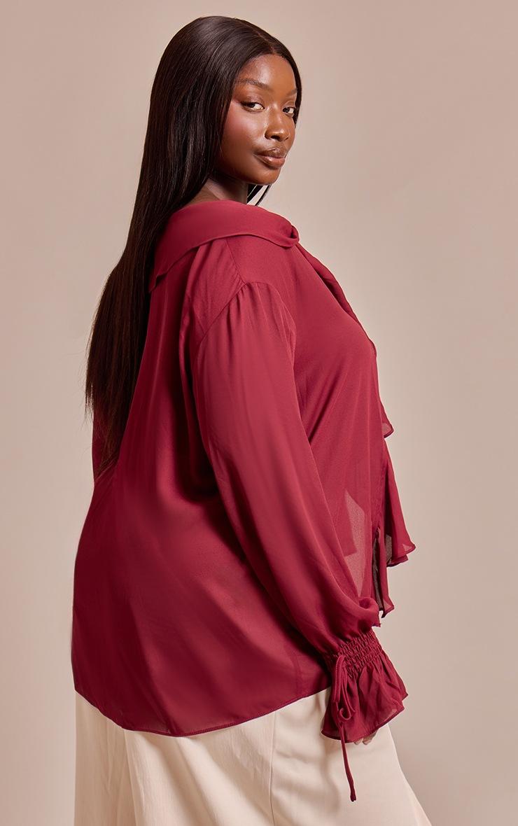 Pretty Little Thing Plus Wine Chiffon Ruffle Tie Front Blouse
