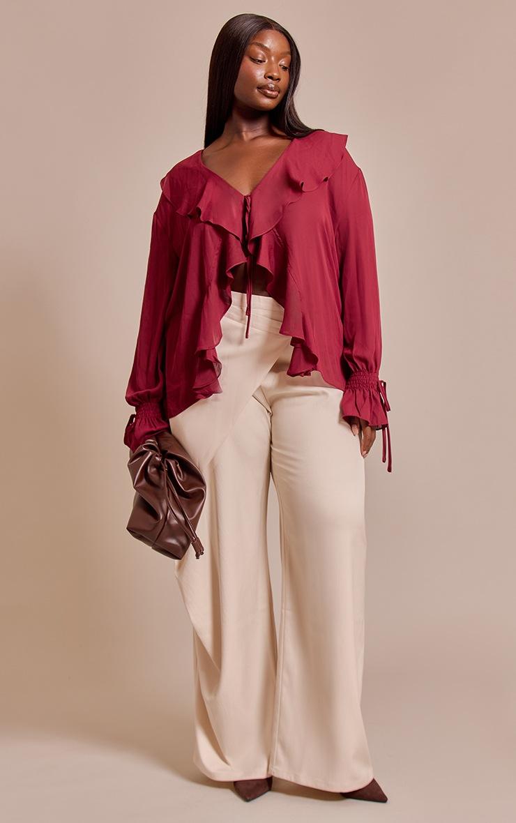 Pretty Little Thing Plus Wine Chiffon Ruffle Tie Front Blouse