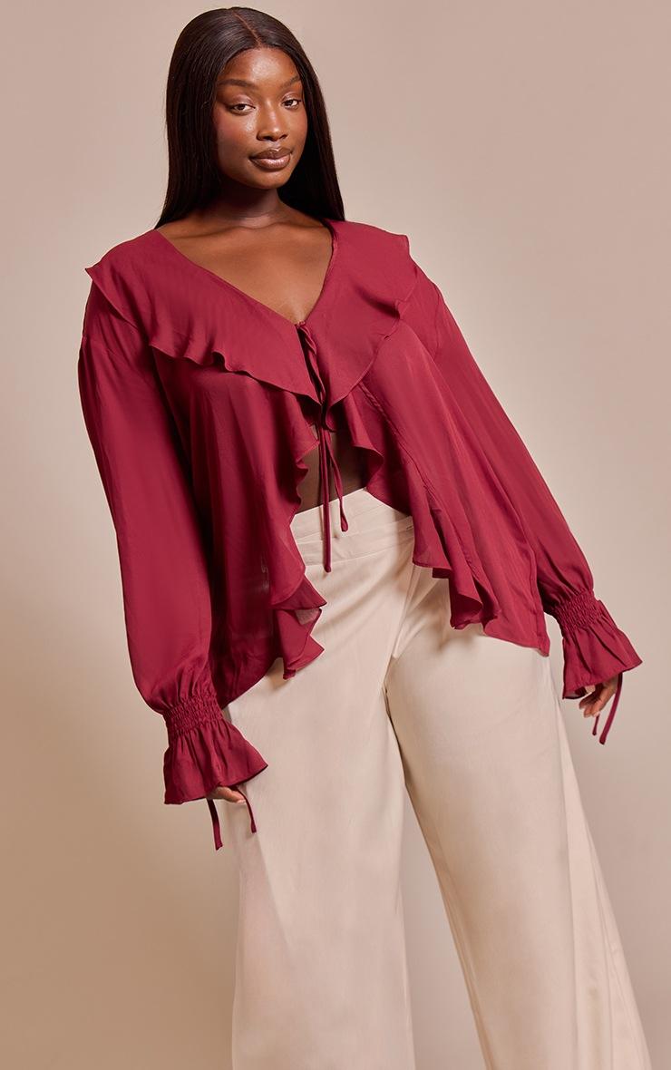 Pretty Little Thing Plus Wine Chiffon Ruffle Tie Front Blouse