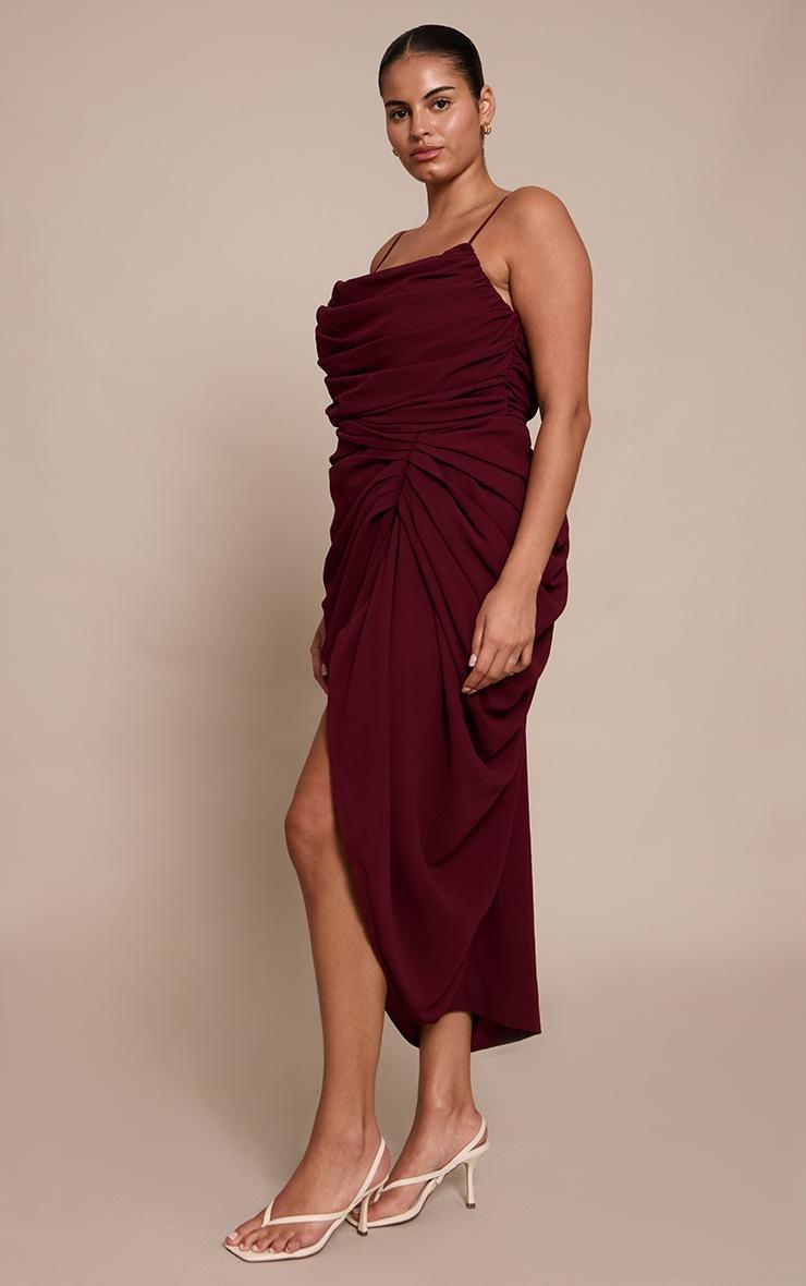 Pretty Little Thing Plus Wine Ruched Chiffon Drape Midi Dress