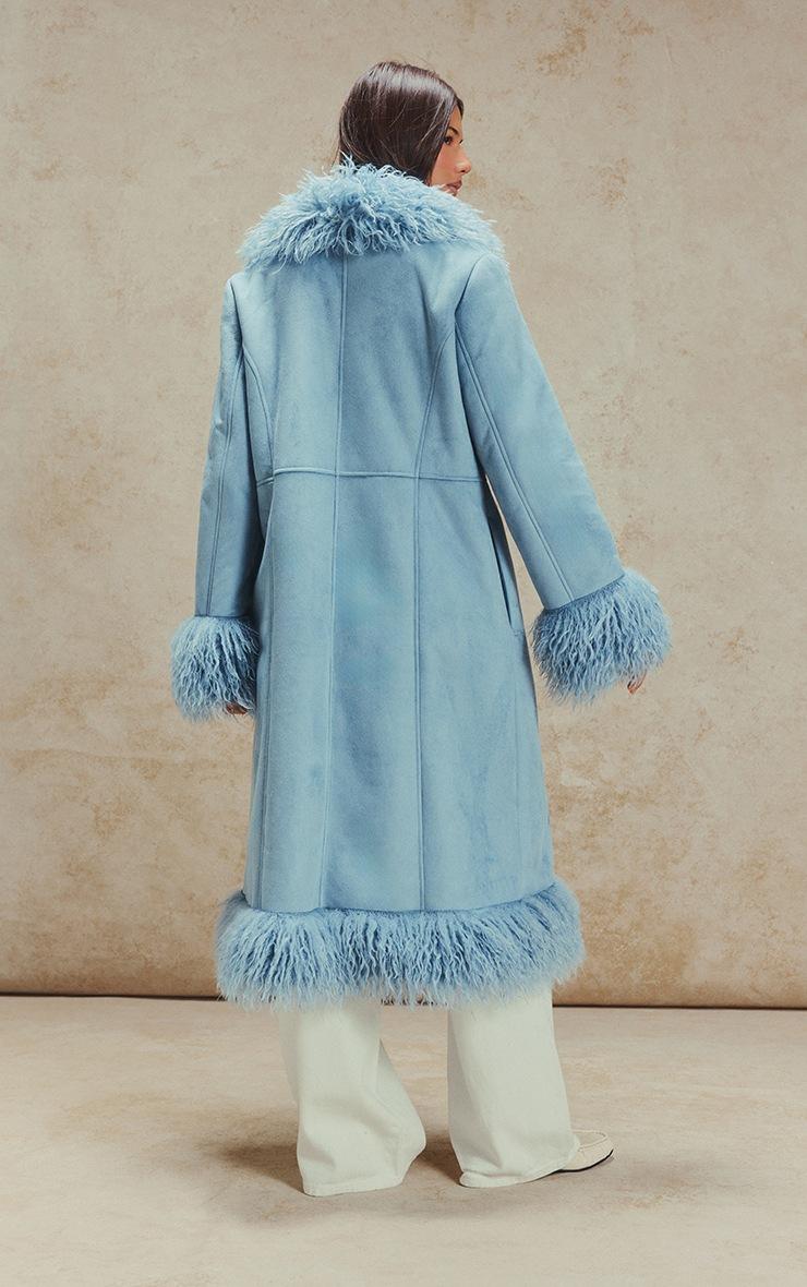 Pretty Little Thing Powder Blue Faux Fur Trim Maxi Coat