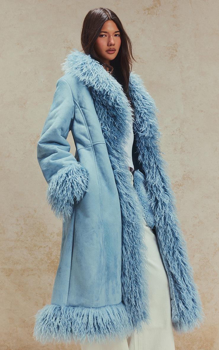 Pretty Little Thing Powder Blue Faux Fur Trim Maxi Coat