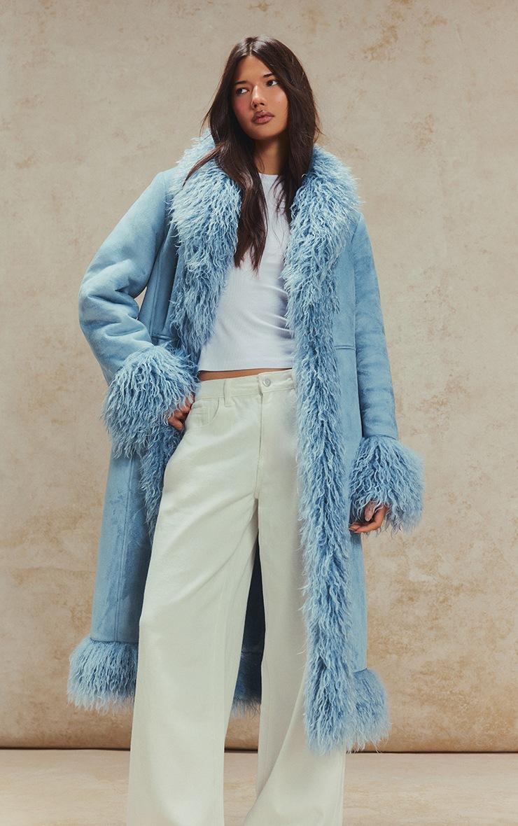 Pretty Little Thing Powder Blue Faux Fur Trim Maxi Coat