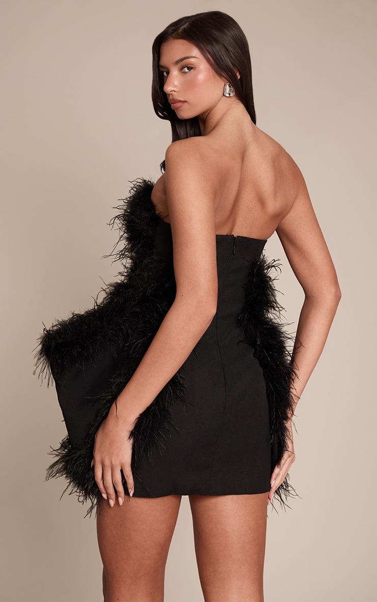 Pretty Little Thing Premium Black Feather Trim Hip Detail Bandeau Bodycon Dress