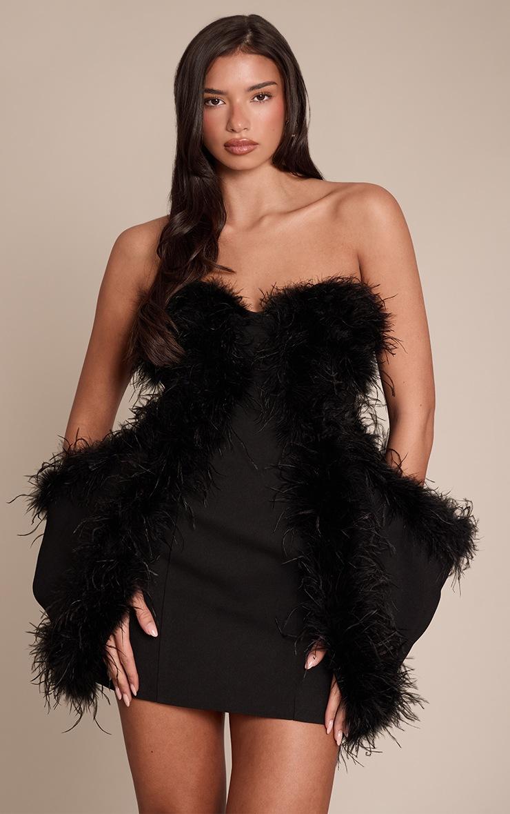 Pretty Little Thing Premium Black Feather Trim Hip Detail Bandeau Bodycon Dress
