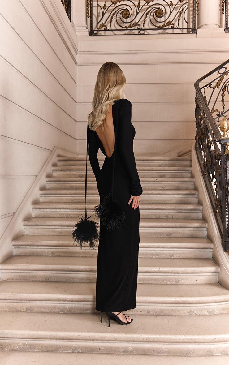 Pretty Little Thing Premium Black Mesh Feather Pom Pom Open Back Maxi Dress