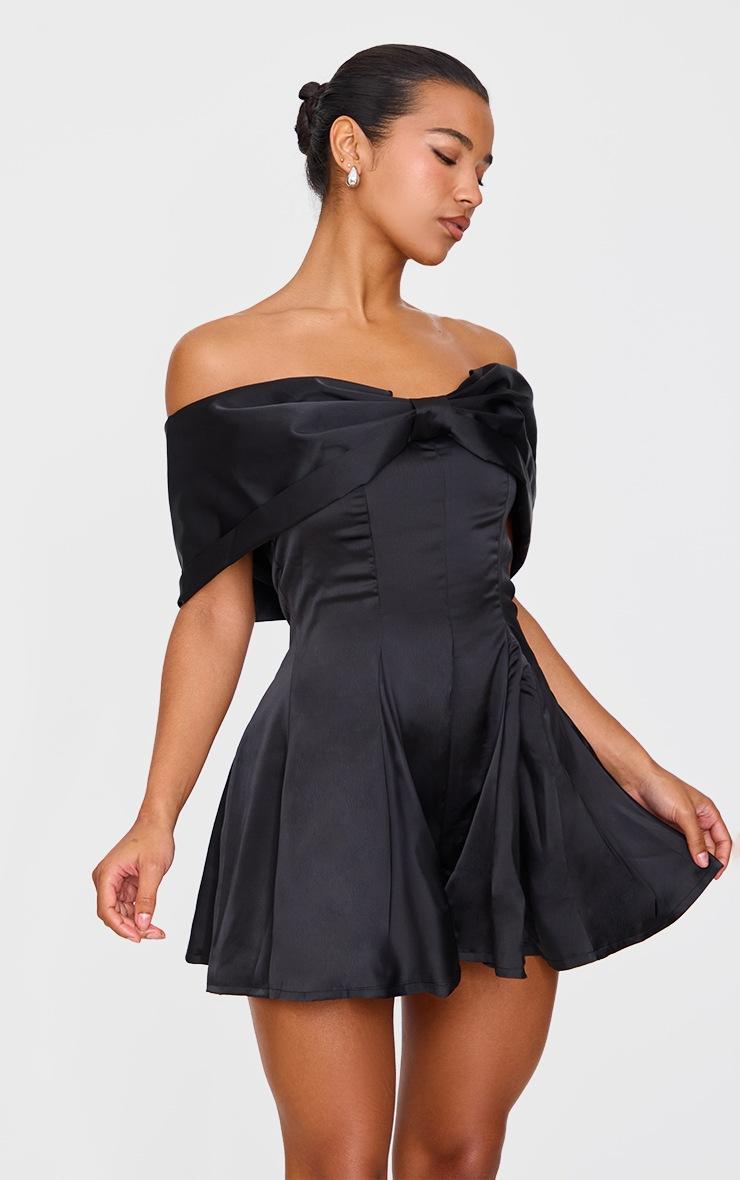 Pretty Little Thing Premium Black Satin Extreme Bow Detail Romper