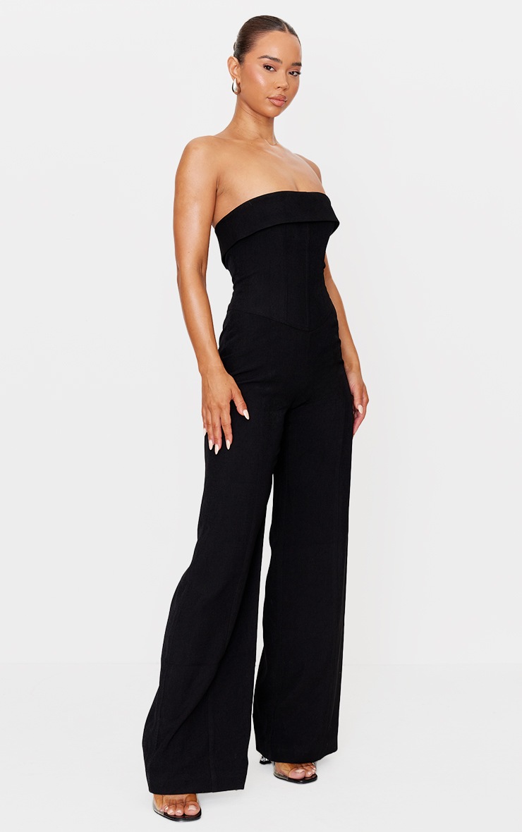 Pretty Little Thing Premium Black Woven Bandeau Corset Straight Leg Jumpsuit