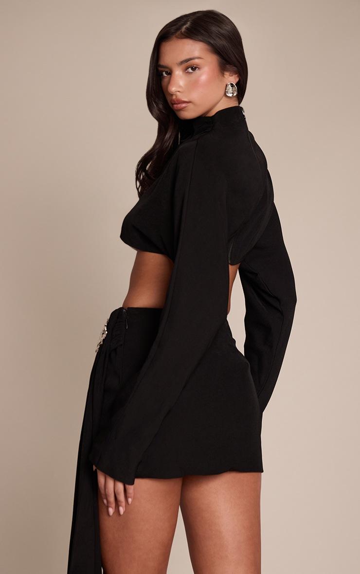 Pretty Little Thing Premium Black Woven Crossover Long Sleeve Crop Top