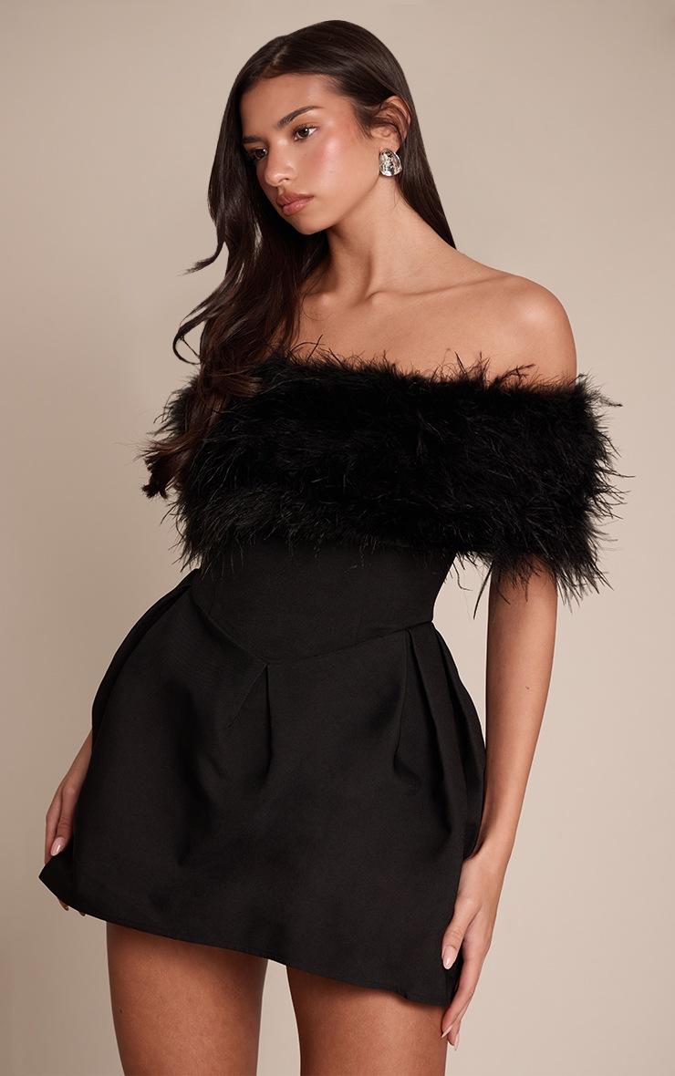 Pretty Little Thing Premium Black Woven Feather Bardot Tulip Mini Dress
