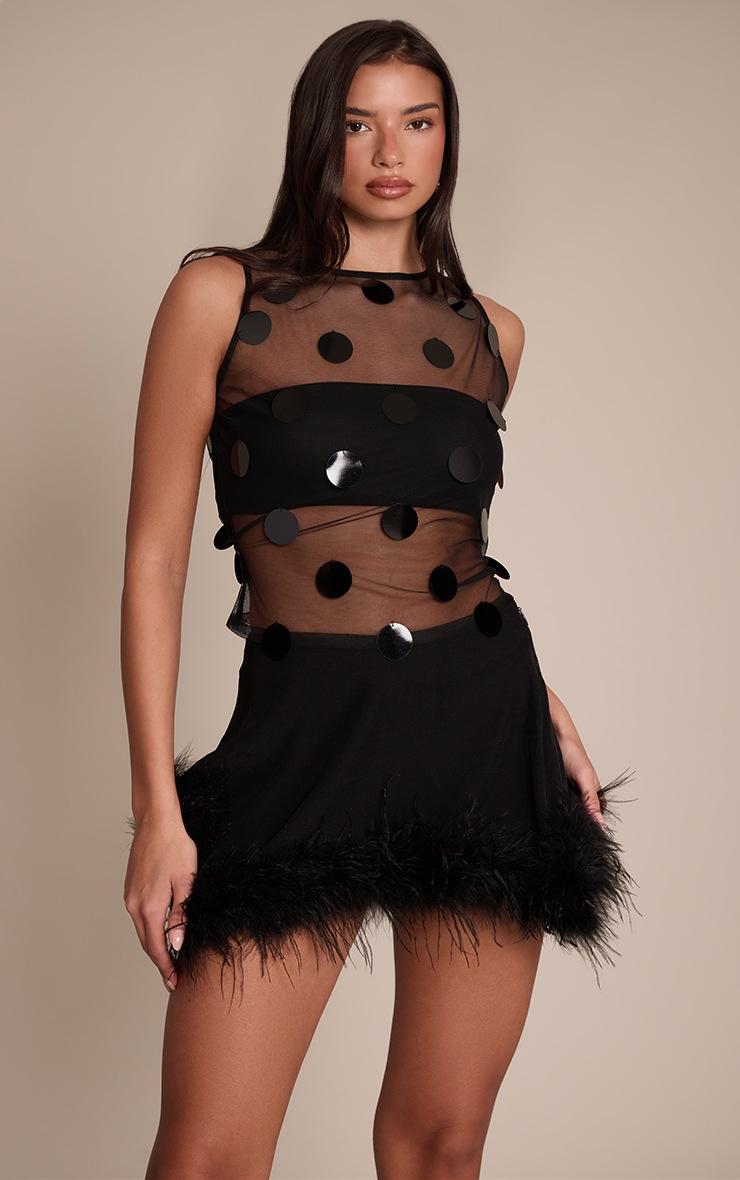 Pretty Little Thing Premium Black Woven Flippy Feather Hem Mini Skirt