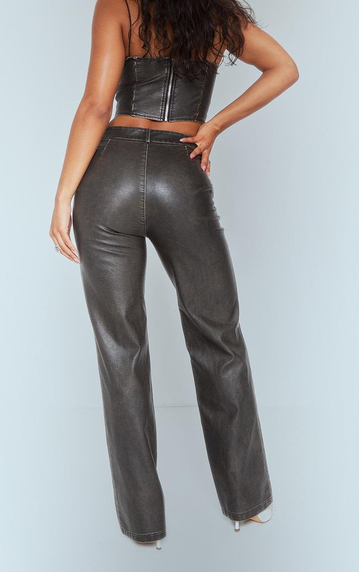Pretty Little Thing Premium Dark Brown Washed Faux Leather Dip Waist Flared Pants