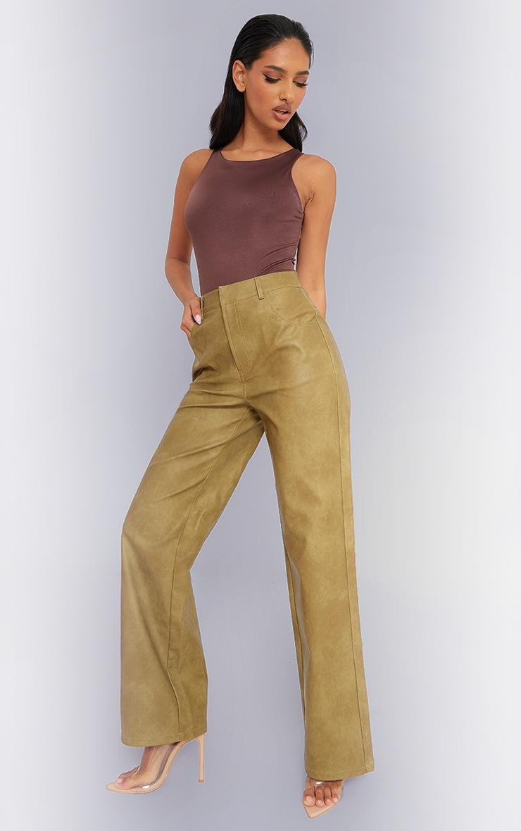Pretty Little Thing Premium Olive Washed Faux Leather Straight Leg Pants