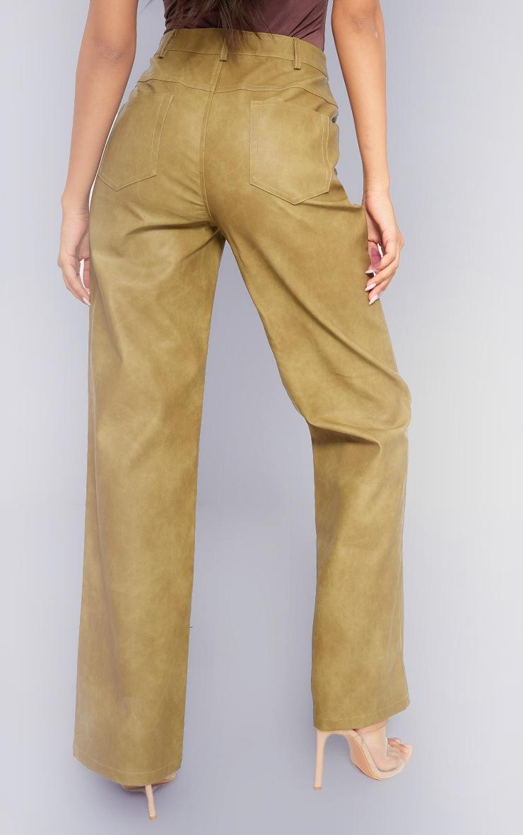 Pretty Little Thing Premium Olive Washed Faux Leather Straight Leg Pants